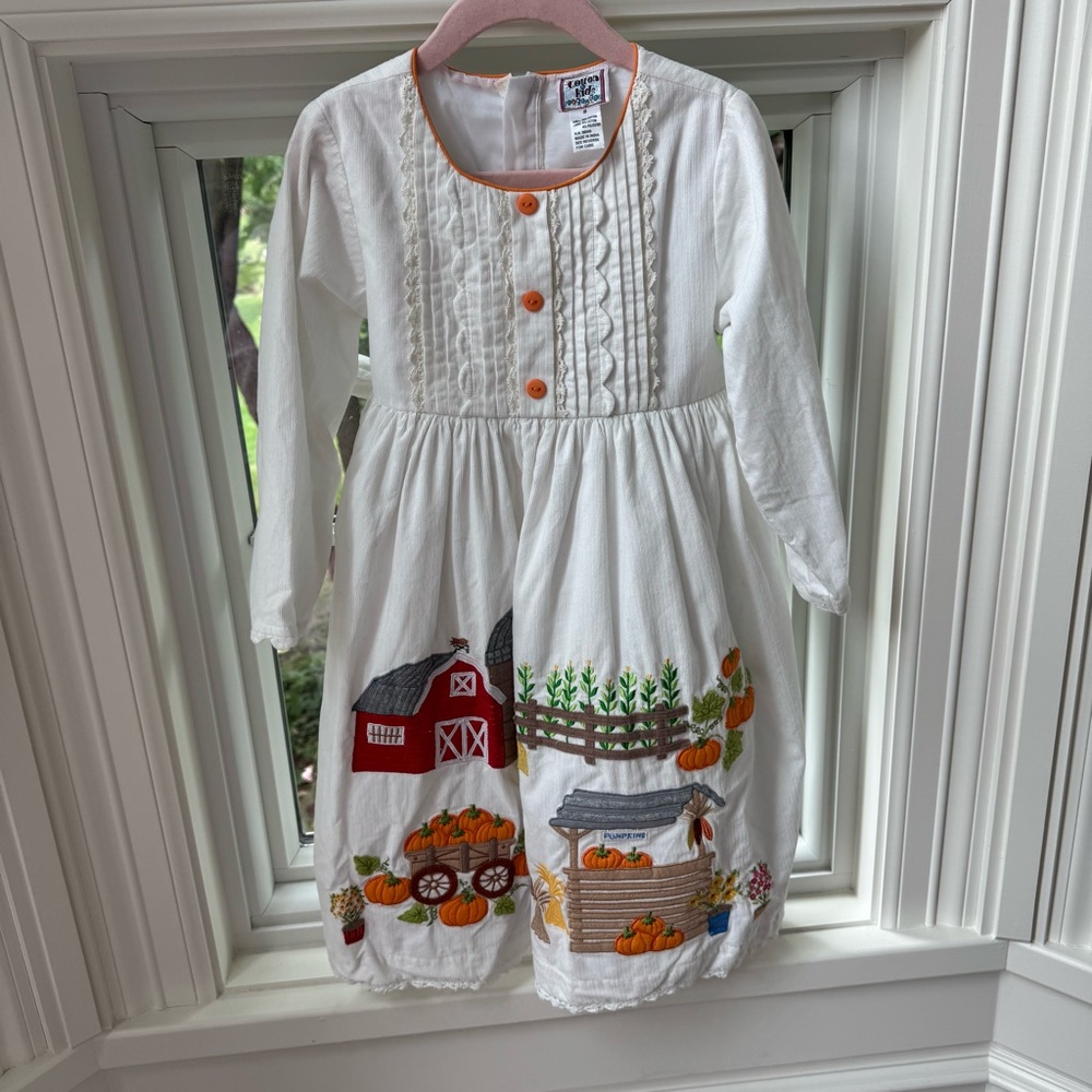 Cotton Kids White Dress with Farmhouse Autumn Embroidery Size 5